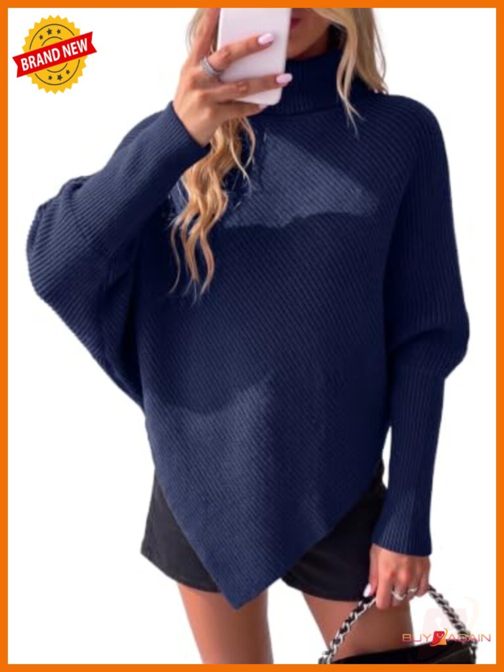 Womens Oversized Turtleneck Sweater Batwing Sleeve Tunic Pullover